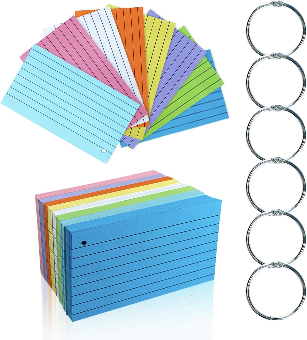 TFLFL Index Paper Cards 3x5 Inch, 300PCS Flash Cards with Rings, Thin Paper 8 Colors Ruled Index Cards, Assorted Lined Colored Flashcards, Study Card Note Cards Memo Pad for Office School