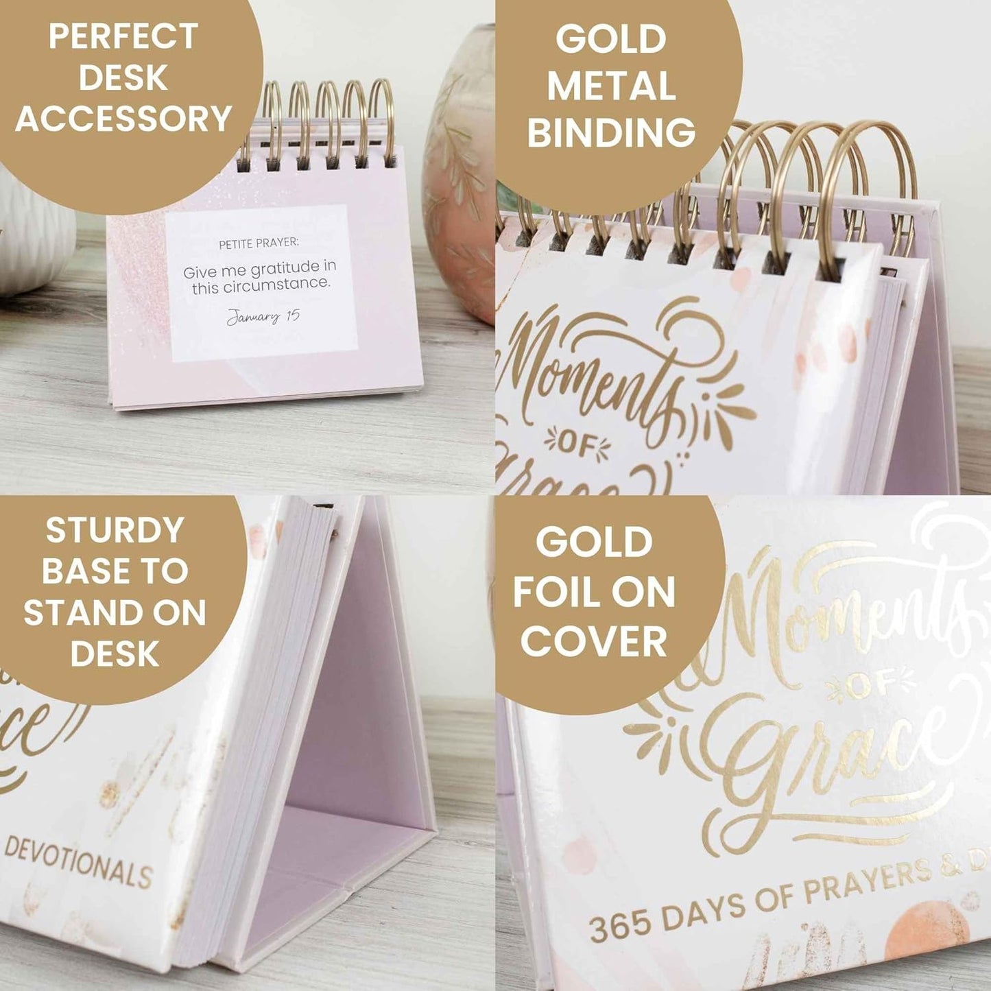 bloom daily planners x Writefully His Undated Perpetual Desk Easel - Religious Inspirational Standing Desktop Flip Calendar - Page a Day - (5.25" x 5.5") - Moments of Grace