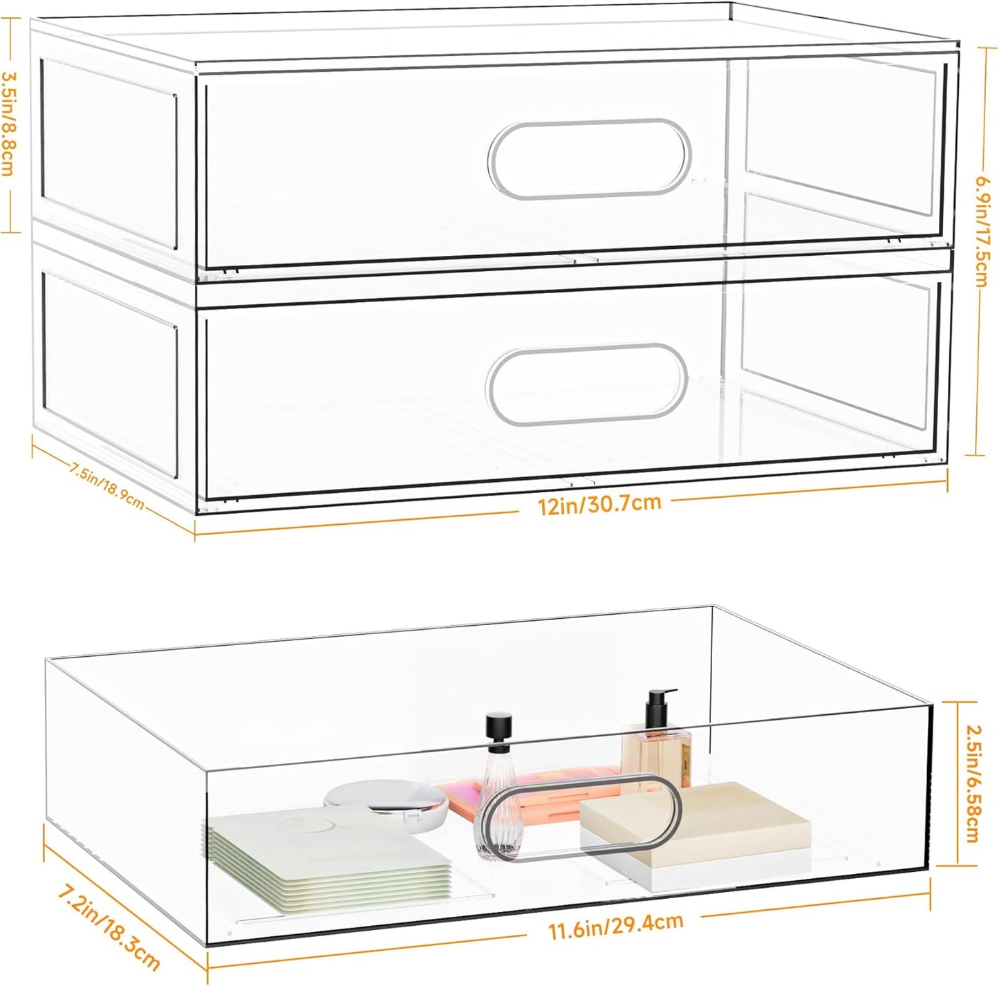 2 Pack Clear Makeup Storage Drawer, 12.1''W Stackable Bathroom Organizers and Storage Drawer, Acrylic Cosmetic Display Case For Vanity, Undersink, Cabinets, Desk Organizer