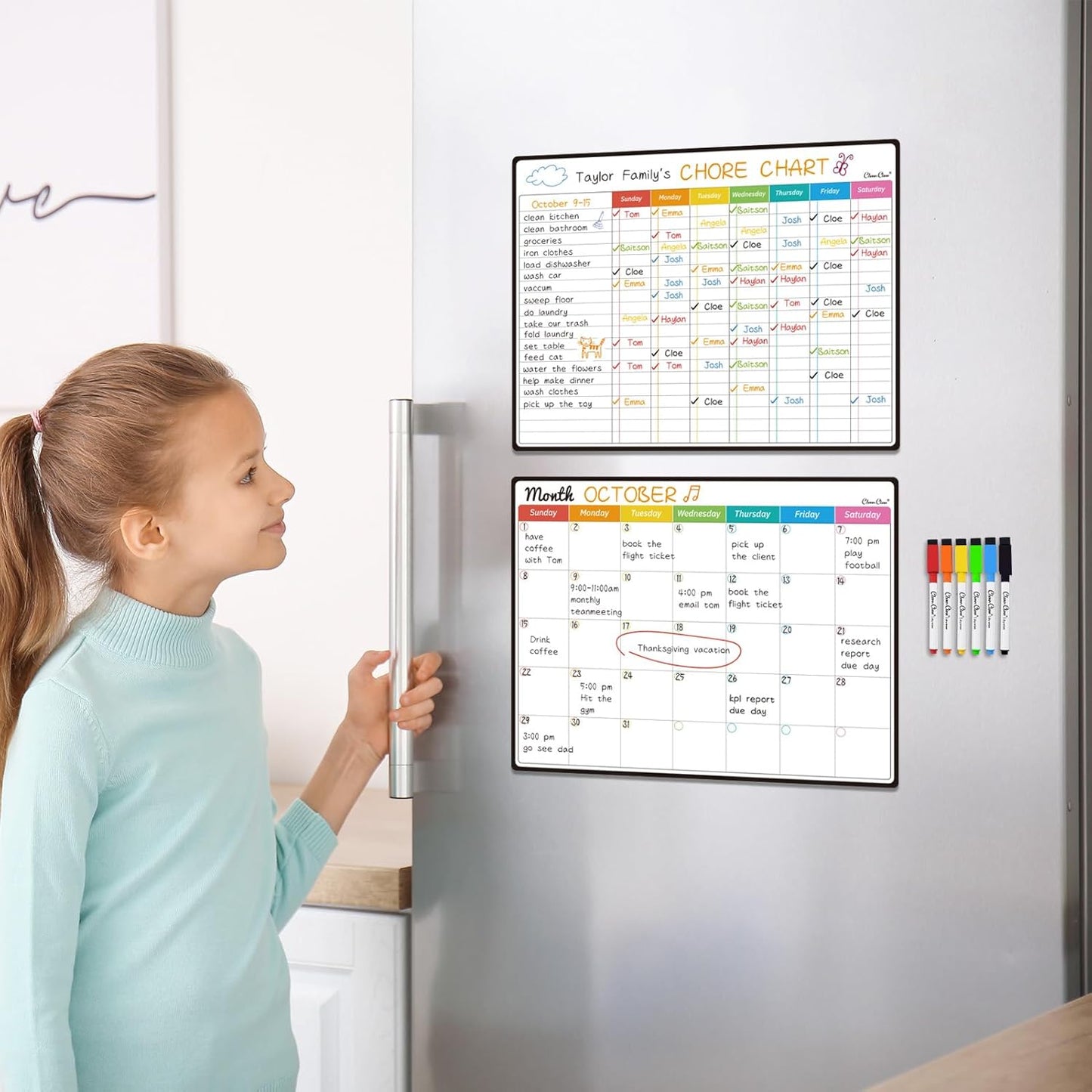 Magnetic Dry Erase Chore Chart, Monthly Calendar Set - 14.5"x11" Monthly Calendar, Chore Board for Fridge - 6 Extra Fine Point Markers Included - Shipped Flat