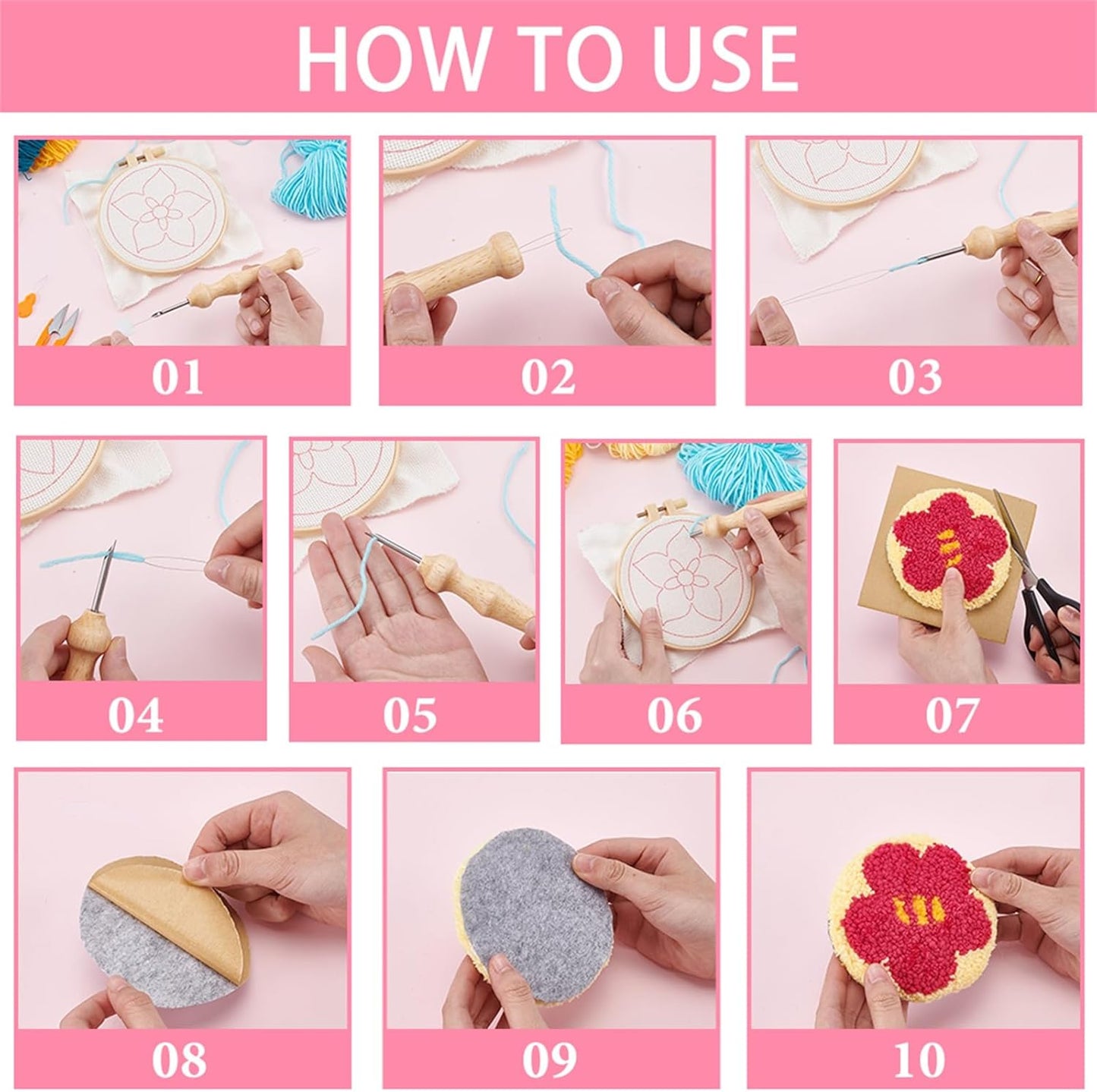 GLASSWINDS 8 Pcs Punch Needle Kit for Adults Beginners Flower Punch Needle Coaster Kit Rug Tufting DIY Embroidery Kits Art Craft Supplie with Stamped Fabric, Hoops, Yarns and Sewing Needles