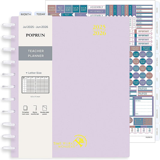 POPRUN Teacher Planner 2025-2026, (Disc-Bound Letter Size - 8.5'' x 11'') Academic Lesson Planner (Jul. 2025 - Jun. 2026) with Monthly Tabs, 2-Sided Pocket, Hardcover for Teachers, Light Pink