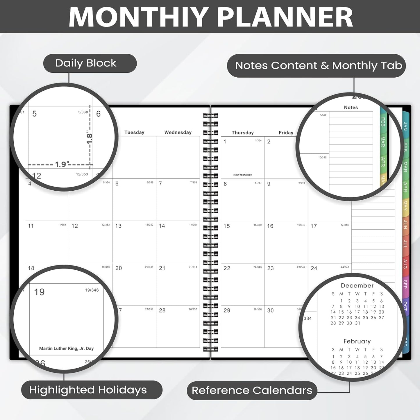 2026 Monthly Planner - JAN. 2026 - DEC. 2026, 2026 Planner with Colorful Tabs, 8" x 10", Monthly Planner/Calendar 2026 with Contacts, Back Pocket, Thick Paper, Twin-Wire Binding - Waterproof Cover(Black)
