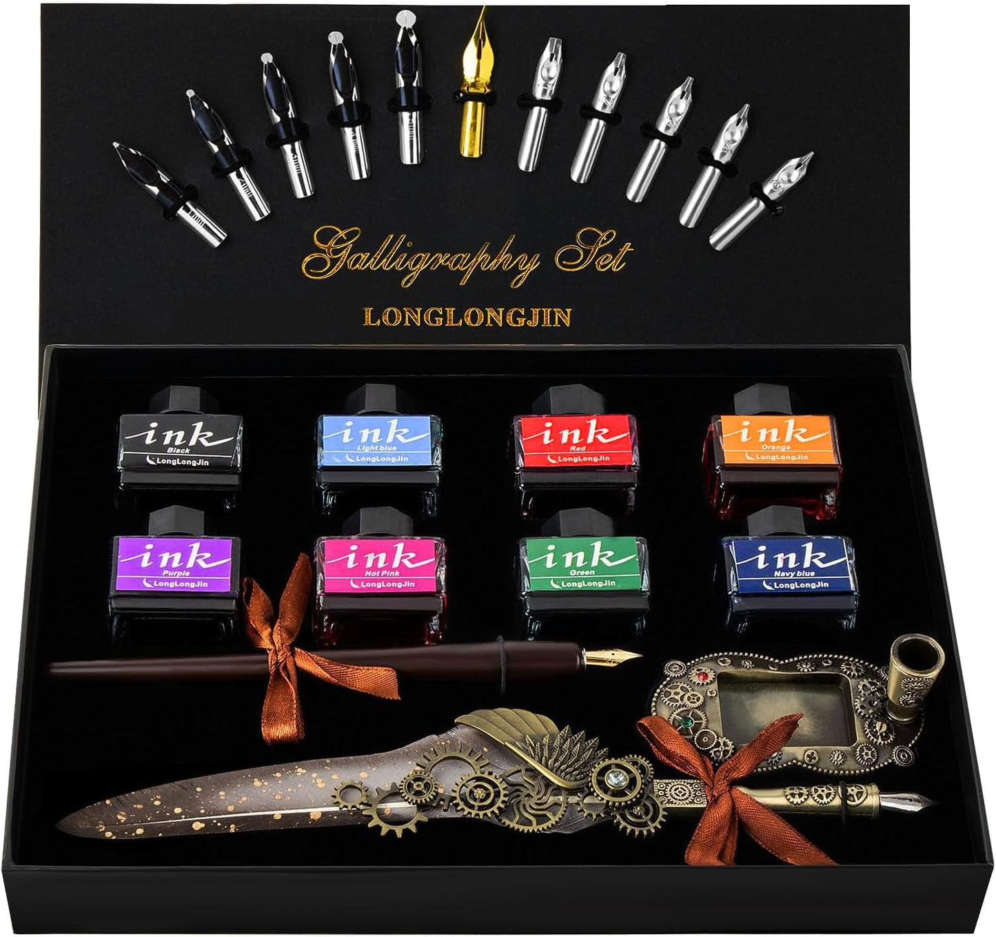 Calligraphy Pens and Ink Set - Calligraphy Kits for Beginners,Quill Pen Includes Dip Pen,8*Colors Ink,11*Calligraphy Pen Nibs（Grey）