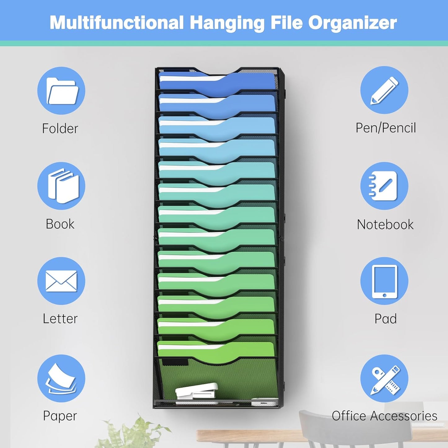 Kuntine.B Wall File Organizer Office Hanging Magazine Holder Wall File Organizer for Office Home (Black, 15 Tier)