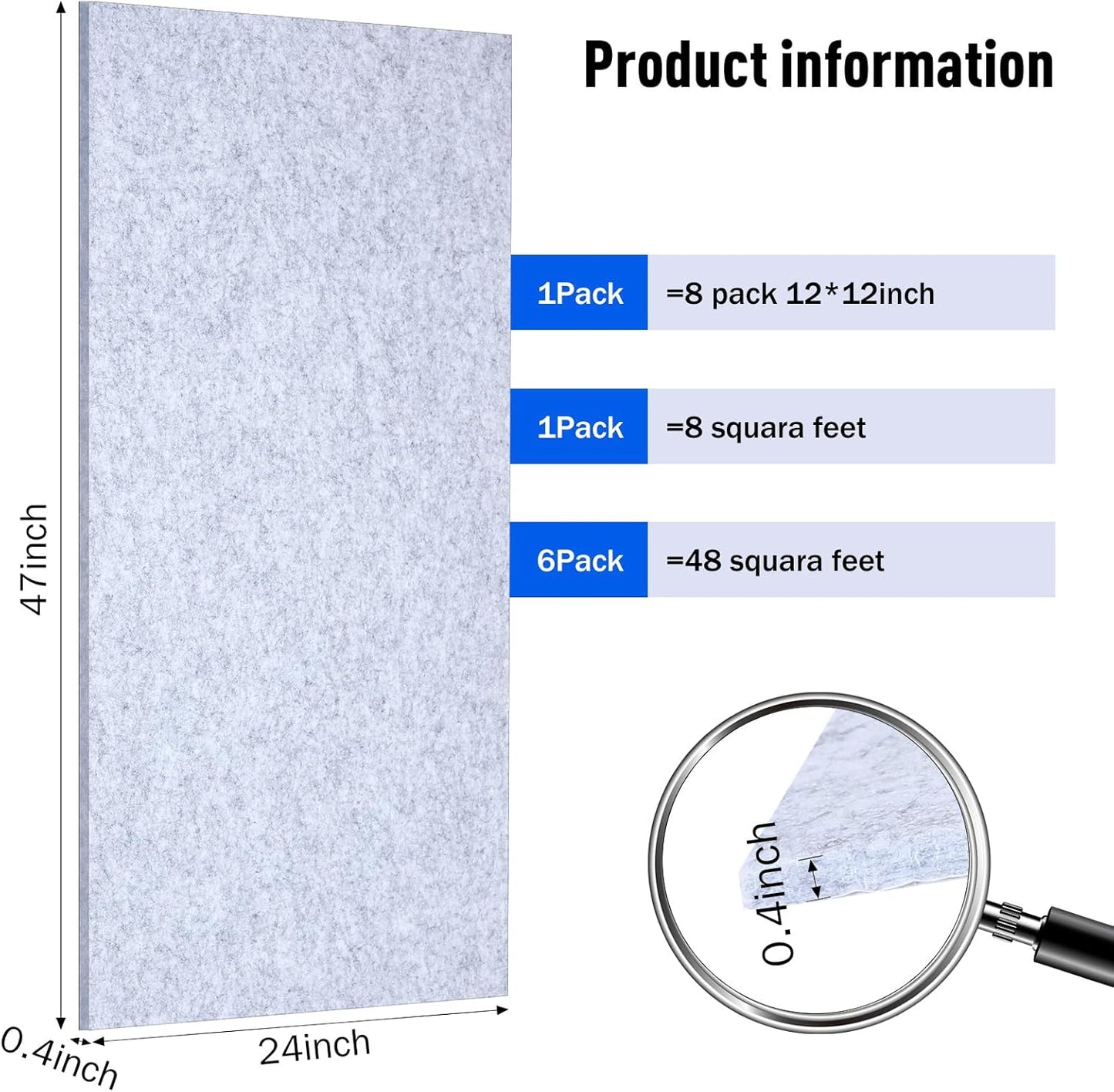 Frienda 6 Pack Large Acoustic Panels 47 x 24 x 0.4 Inch Fabric Wrapped Sound Proof Self-adhesive High Density Foam Panels for Recording Studio Acoustical Treatments Home Office(Silver Gray)