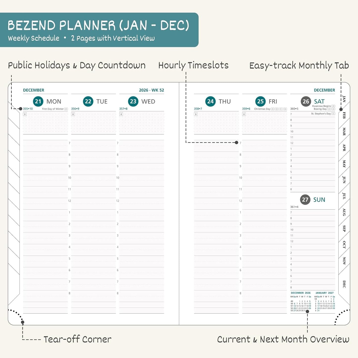 BEZEND 2026 Planner Weekly and Monthly (8.5" x 11") Daily Calendar with Half-Hourly Timeslots & Tab (Jan-Dec) Note & Expenses, Pen Holder, Inner Pocket, Vegan Leather Hardcover - Sky Blue