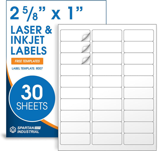 2 5/8" X 1" Matte White Address Labels Compatible with Inkjet and Laser Printers - 30 Sheets, 900 Printable Stickers for Shipping, Mailing, and Barcodes - Spartan Industrial