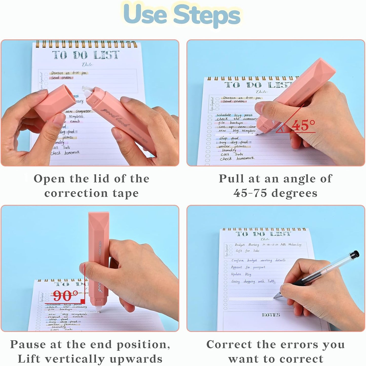 Temiary 5 Pcs White Correction Tapes, Aesthetic Correction Tape Pens Smooth Pull Out, Easy to Use Pen Shaped Applicator for Students School Office Supplies (Pink)