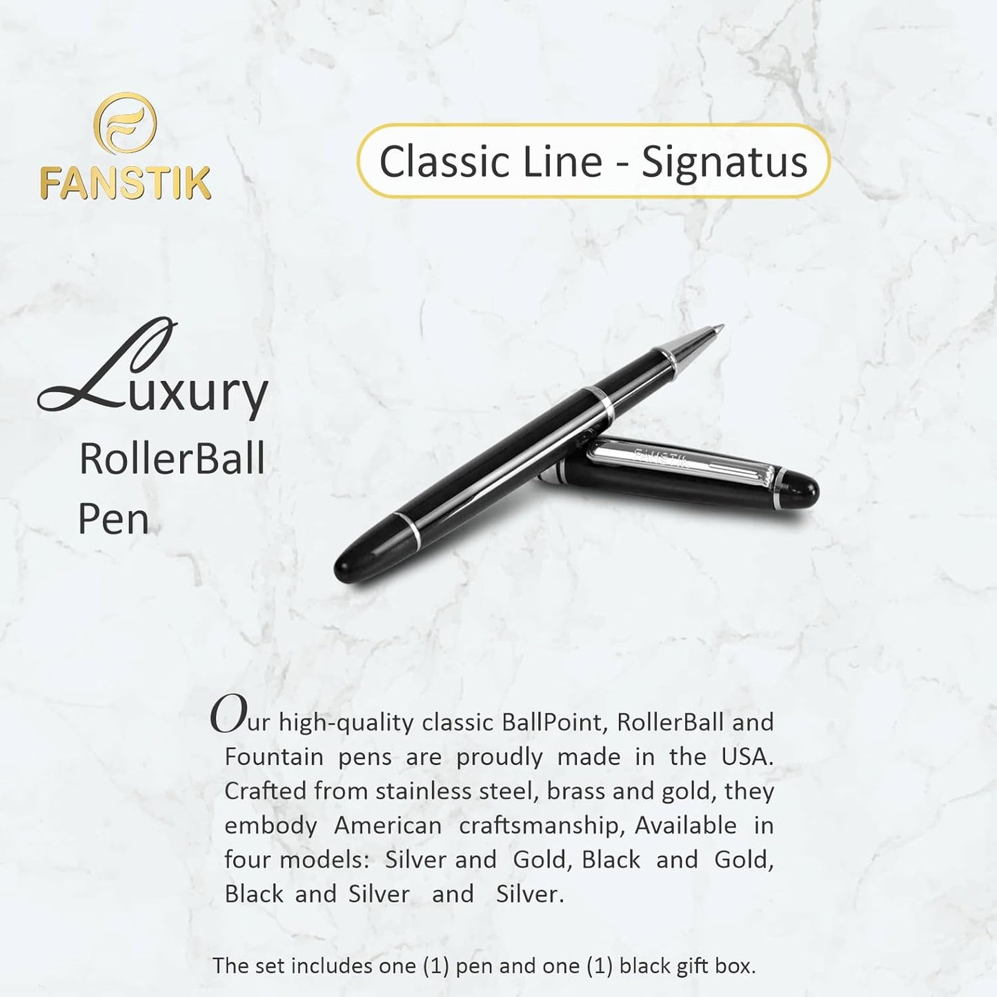 Customized RollerBall pen with name (MADE IN USA), stainless steel, black and silver, luxury engraved pen personalized for men and for women. (RollerBall Black-Silver)