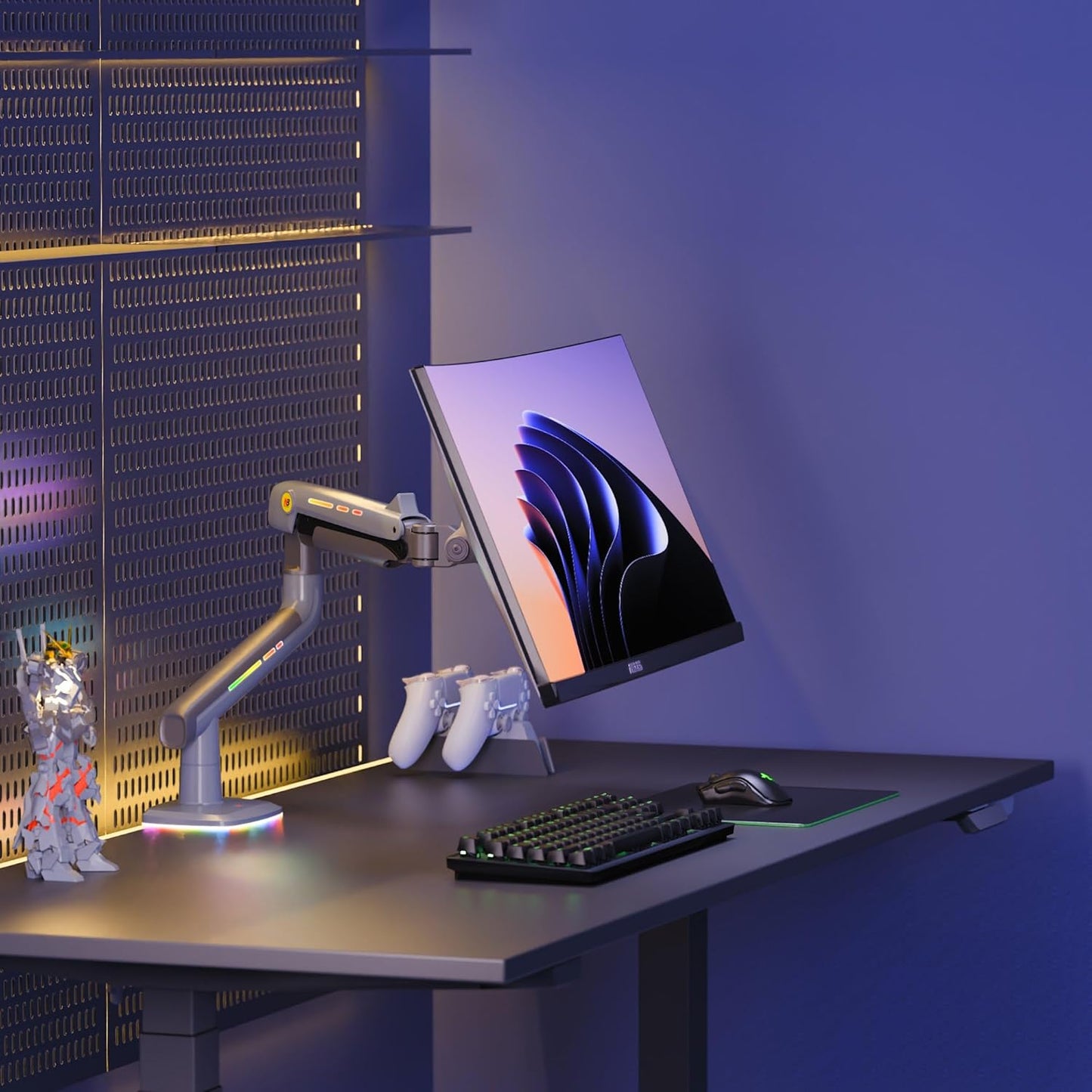 NB Gaming Monitor Arm or for 32 to 60 Inches Screen, Load up to 20 kg, VESA 75/100, RGB-Light, Heavy Duty, Multi Angle Adjustable, Premium Aluminum, Lake Blue