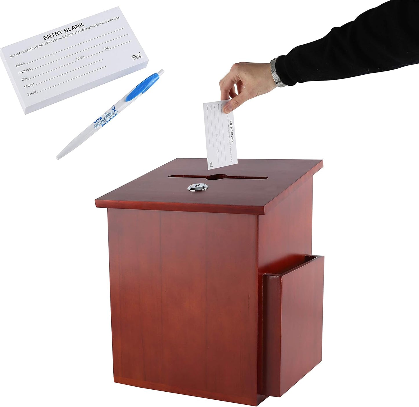 Wood Charity Donation collection Box Office suggestion Ballot Box With wide slot for envelopes and suggestion comment forms, side Pocket and Locking Hinged Lid & Pen for Table Or Counter-top(Mahogany)