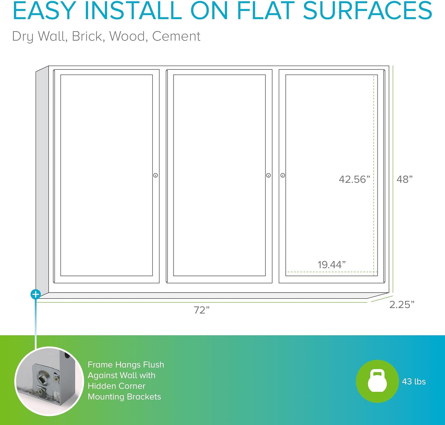 Ghent 48"x72" 3-Door indoor Enclosed Bulletin Board , Shatter Resistant, with Lock, Satin Aluminum Frame Natural Cork (PA34872K) Made in the USA