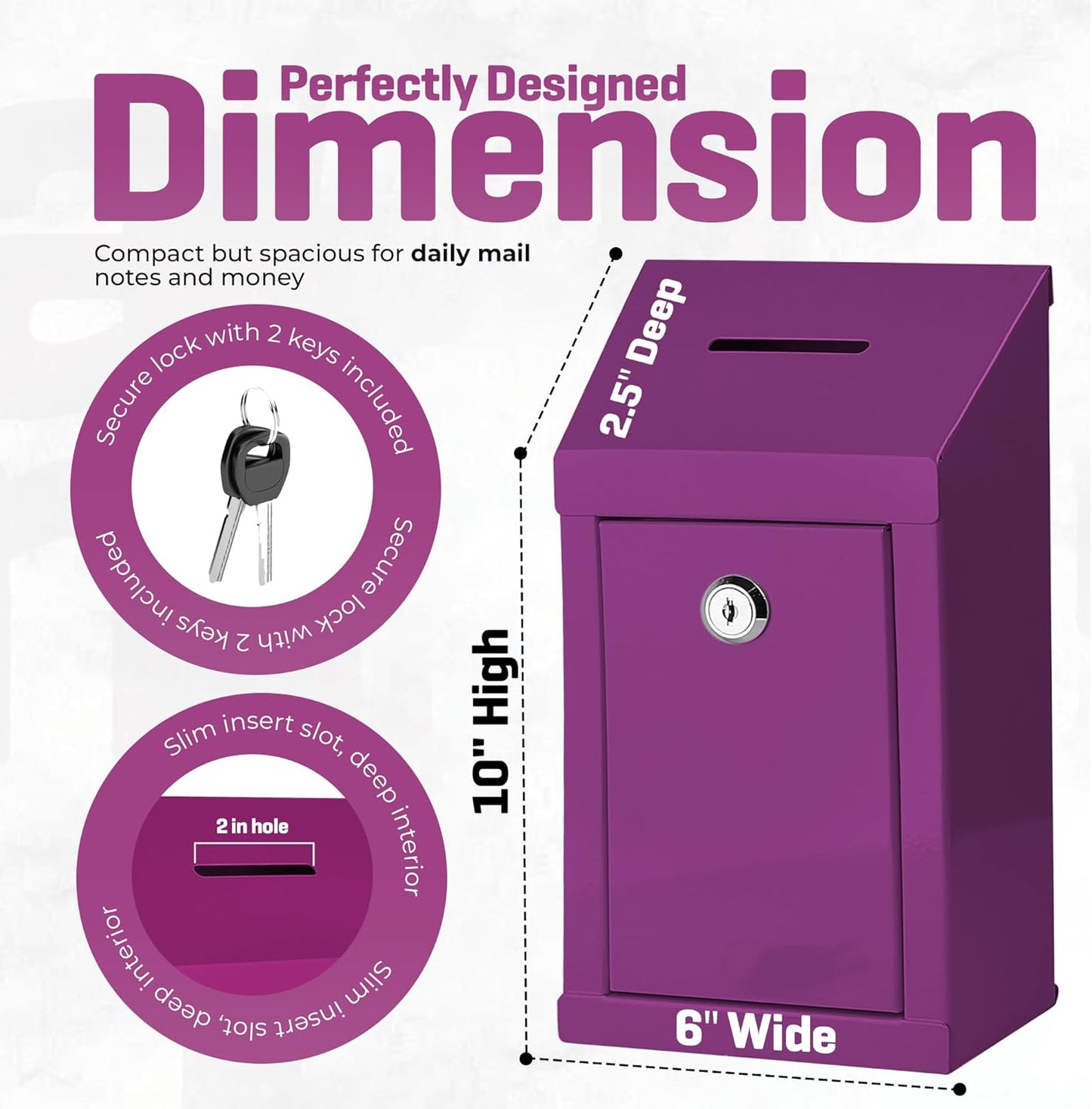 Metal Donation Box-Suggestion Box with Slot and lock-Cash Lock box for Money-Secure Drop Box-Comment and ballot voting box-comes with pre-drilled holes for easy wall mounting 10 X 6 X 2.5"(Purple)