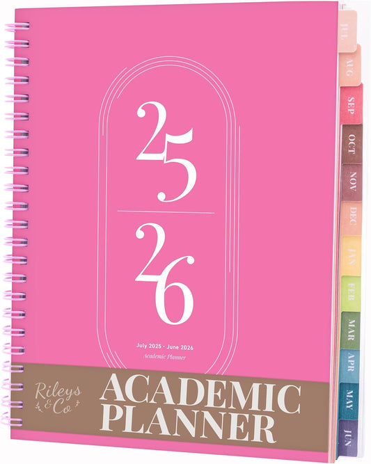Rileys Academic Planner 2025-2026, Daily, Weekly & Monthly Planner, July 2025 - June 2026, Student Notes Pages, Twin-Wire Binding, Weekly Agenda for School & Work (8 x 6-Inches, Pink)