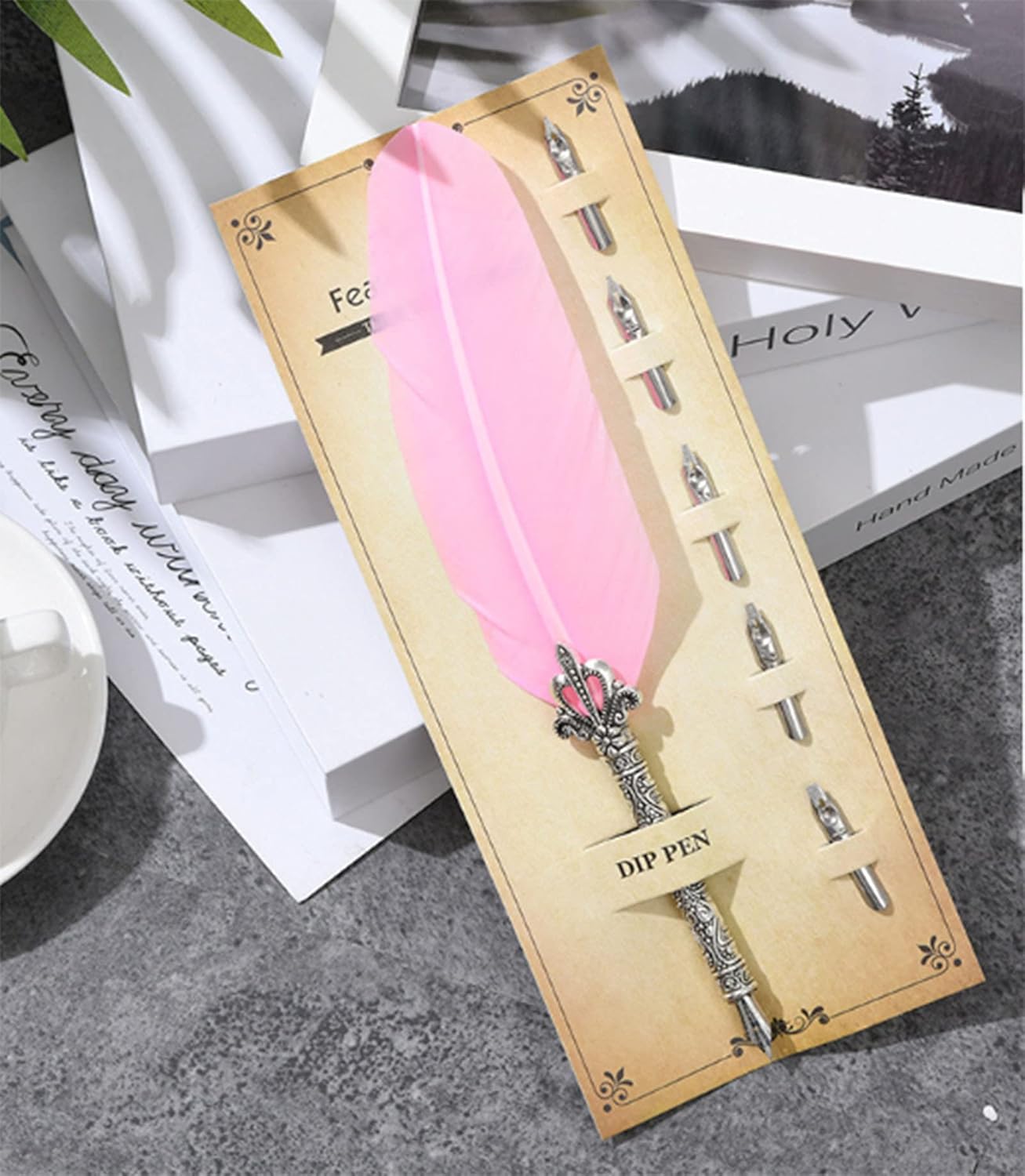 Gullor Calligraphy Feather Quill Pen and 5 Calligraphy Nibs for Beginners Kids Calligraphy Writing Quill Dip Pen Set, Pink