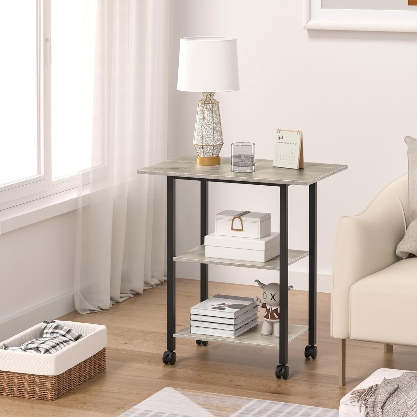 Lerliuo 3-Tier Printer Stand, Industrial Mobile Printer Table with Storage Shelf and Steel Frame, Rolling Printer Cart Holder with Lockable Wheels for Home, Office (Oak)