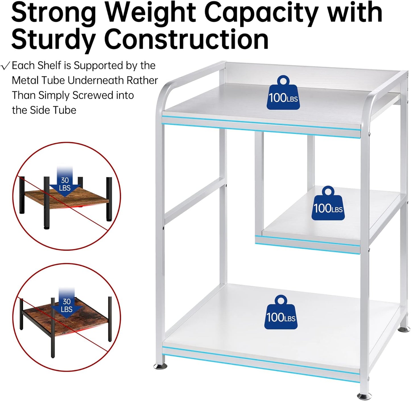 Large Printer Stand Table with Storage Shelf for Host Computer, PC Tower, CPU and Shredder, 3 Tier Rolling Printer Cart with Wheels for Home Office Storage and Organization - White
