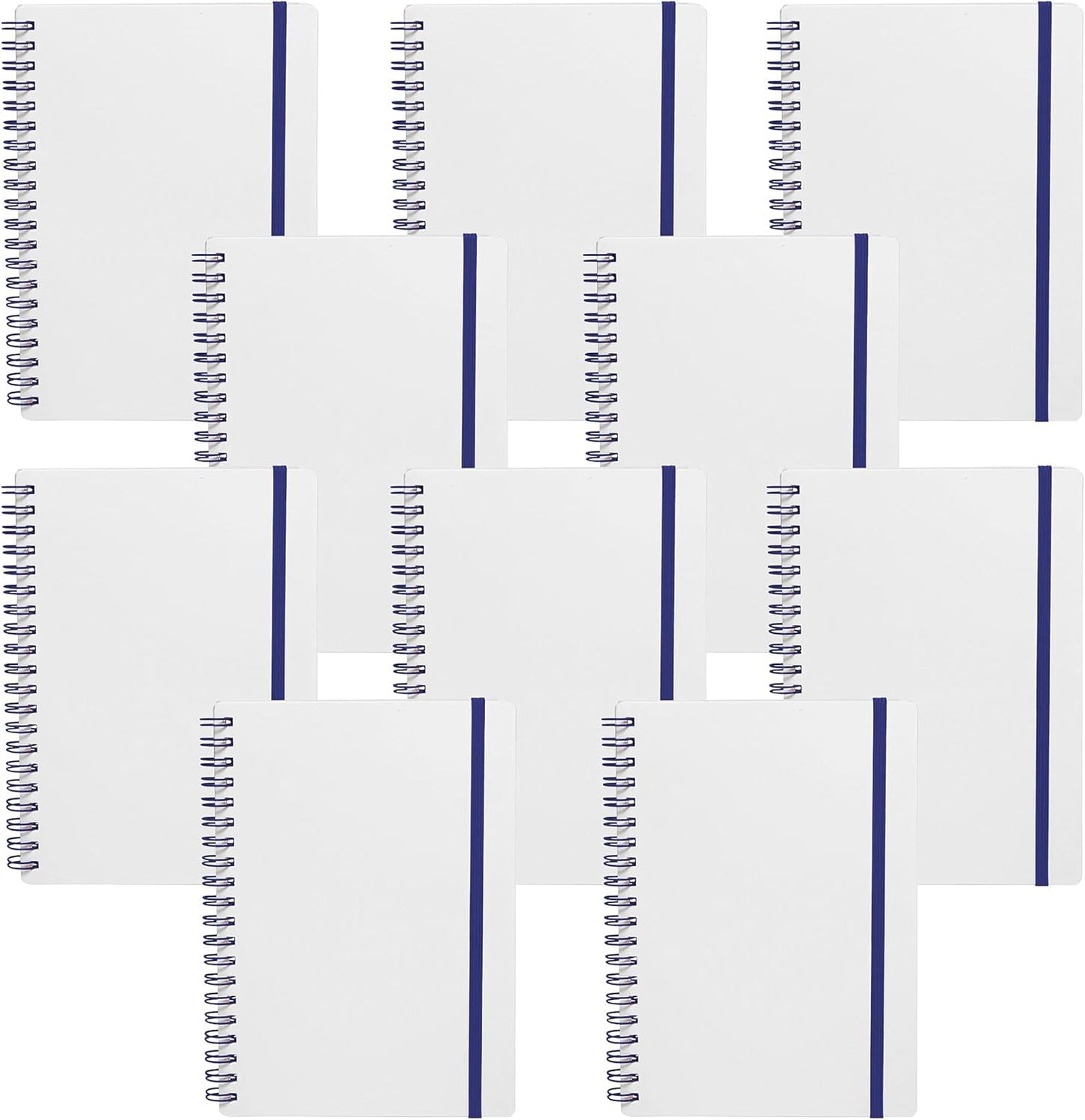 10 White Spiral Notebooks with Elastic Band Pack - 80 lined pages, Recycled - Blue