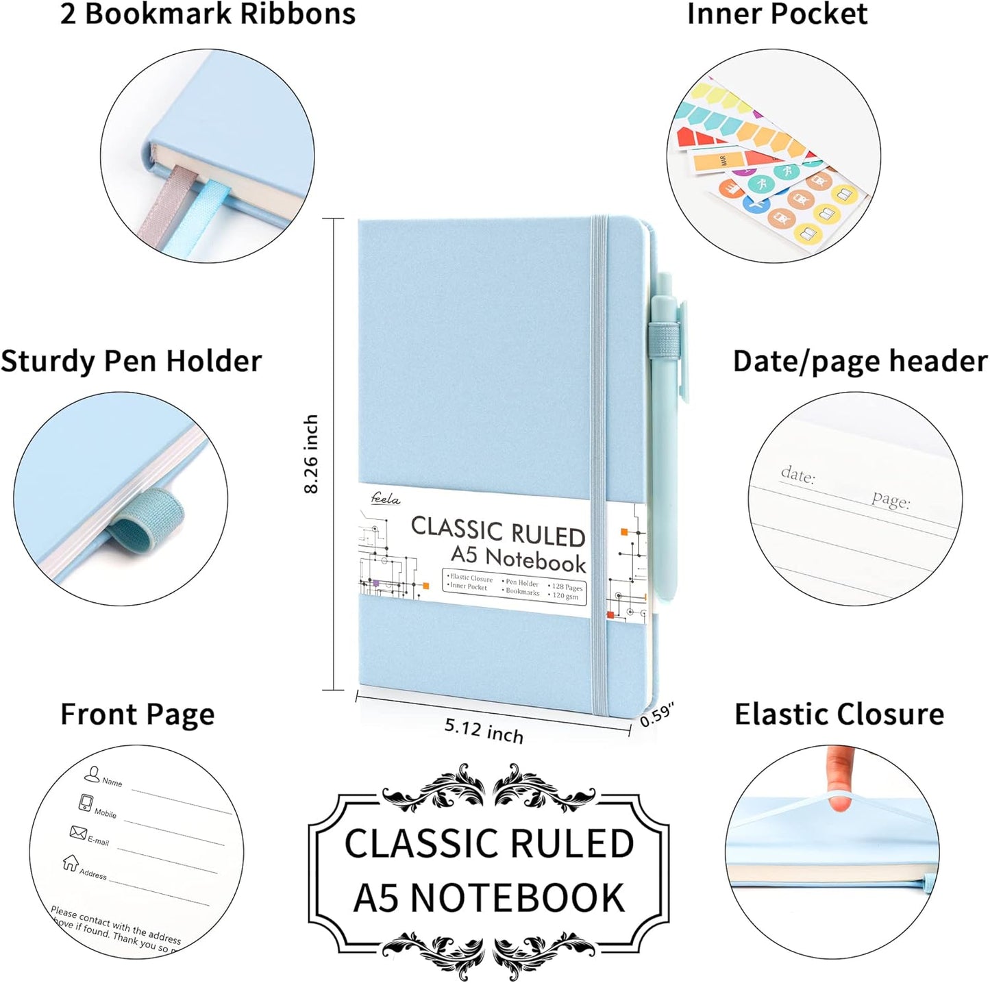 feela 12 Pack Notebooks Journals Bulk, Hardcover Notebook Classic Ruled Lined Journals with Pen Holder for Women Girls School Business Supplies, with 12 Black Pens, 120 GSM, 5.1”x8.3”, A5, Light Blue