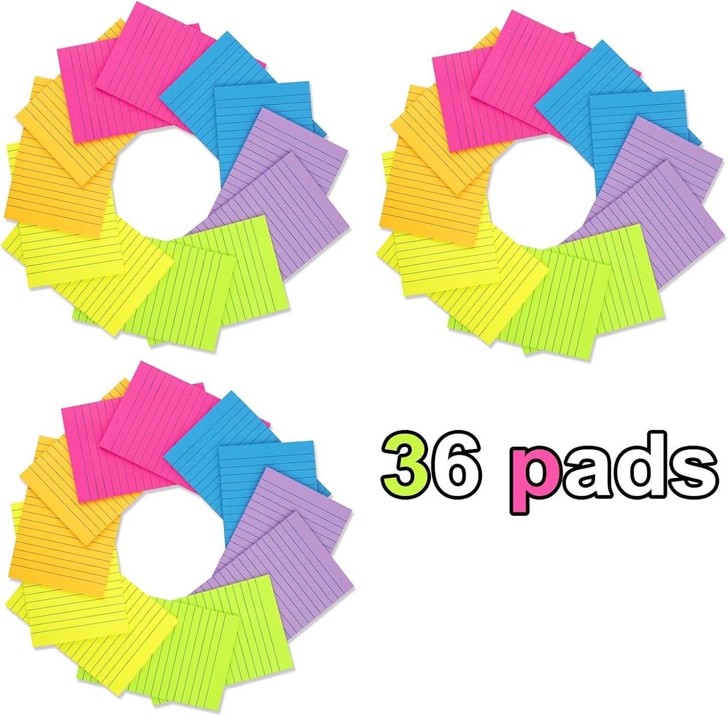 (36 Pack) Lined Sticky Notes 4x6 in Ruled Stickies Super Sticking Power Memo Pads Bright Colors