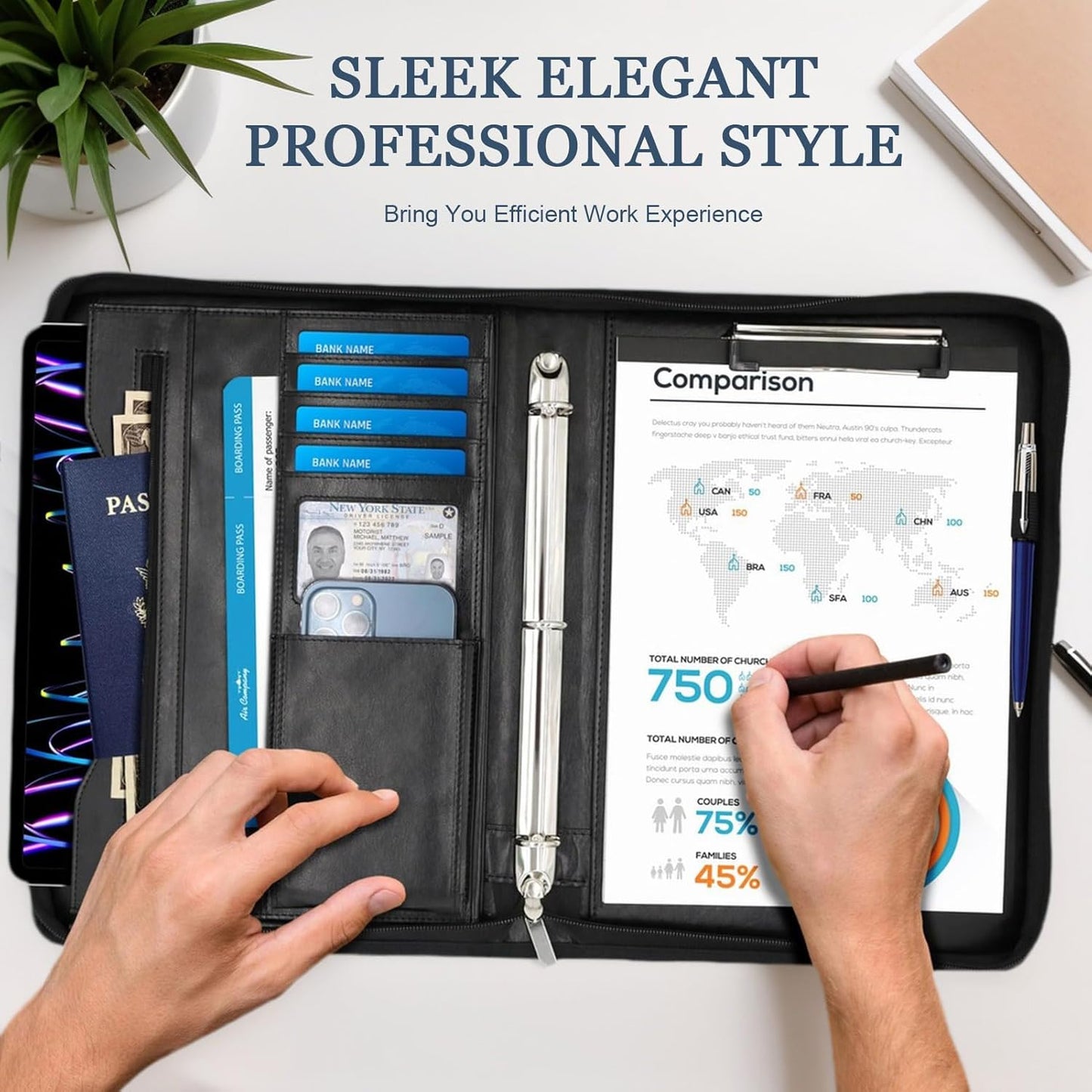 Faux Leather Portfolio Binder with Handle & Clipboard, Zippered Padfolio Folder Organizer 3 Ring Binder for Document, Business Card Holder, Professional Portfolio Notebook for Men & Women (Black)