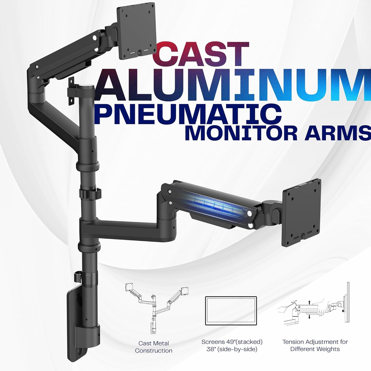 VIVO Pneumatic Arm Dual Ultrawide Monitor Wall Mount for Up to 49 inch Screens, Holds 2 Ultra Wides Up to 33.5 lbs Each, Black, MOUNT-V120K