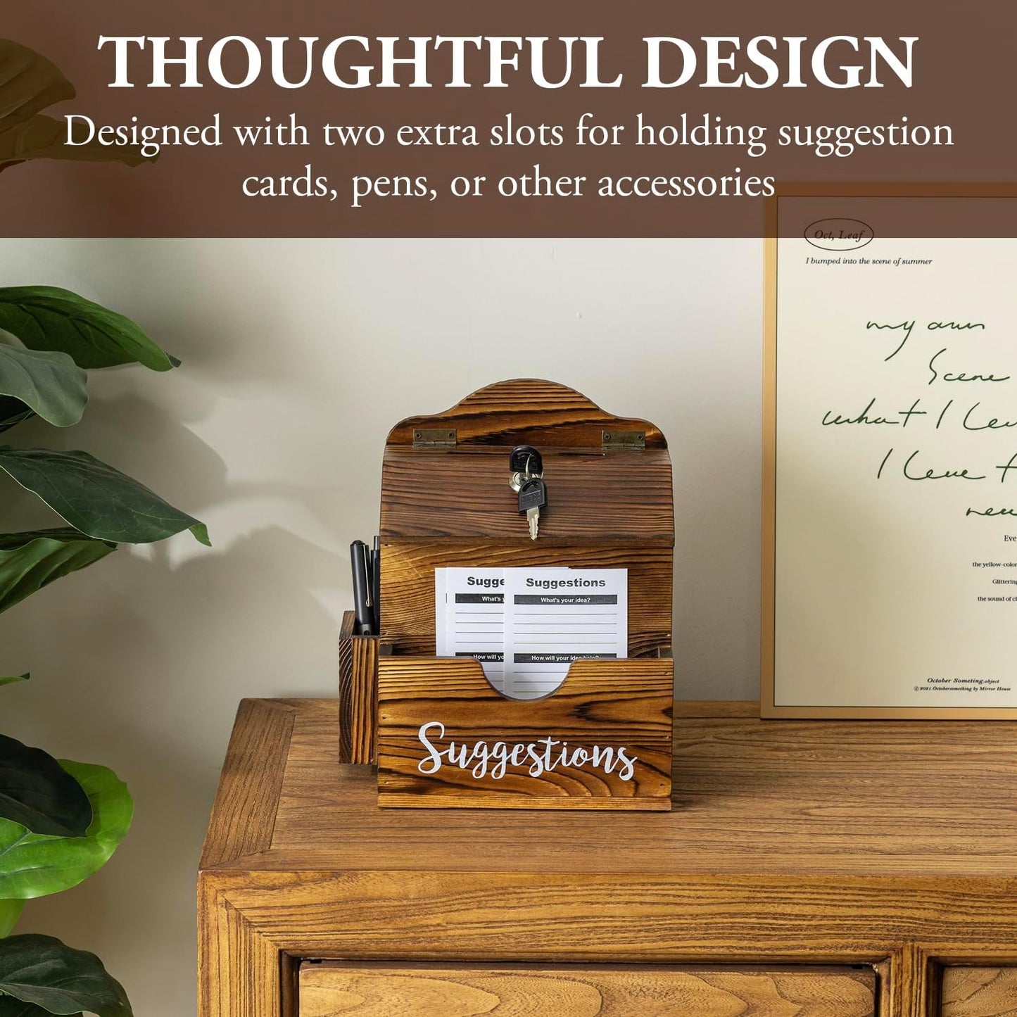 MyGift Rustic Burnt Solid Wood Suggestion Box, Wall Mountable Feedback Collector with White Cursive Suggestions Lettering, Comment Card Slot, Pen Holder, Top Lock and Keys