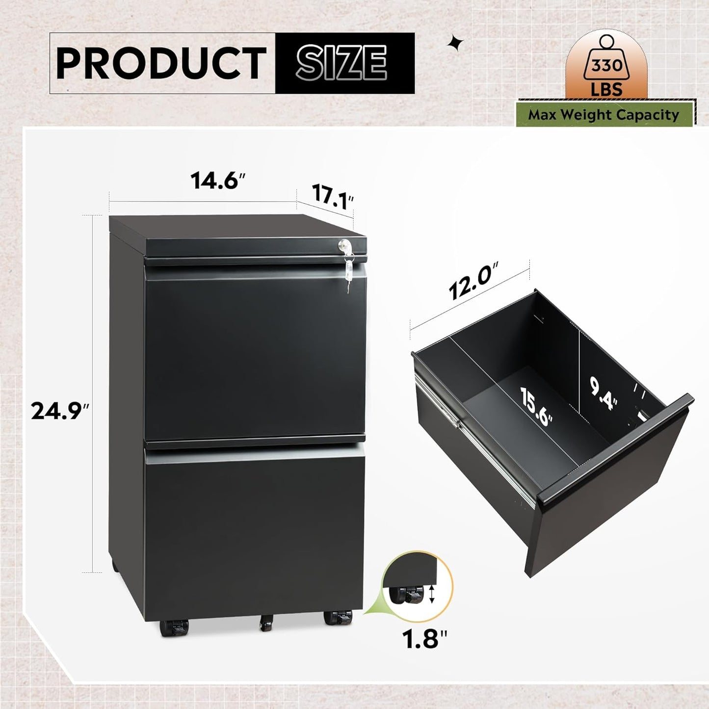 DEVAISE 2 Drawer Metal File Cabinet, Fully Assembled, Under Desk, Black, Lock, Fits Letter/Legal/A4 Size Files