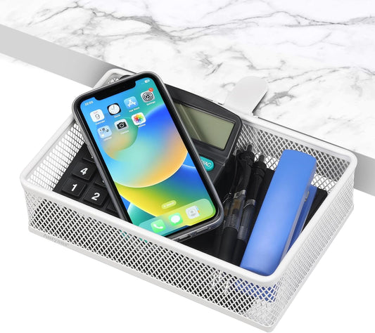 Under Desk Drawer Organizer - Clamp-On Above or Below Desk Mesh Drawer for Office Accessories, Storage Tray, and Desktop Organizer (White - Small)