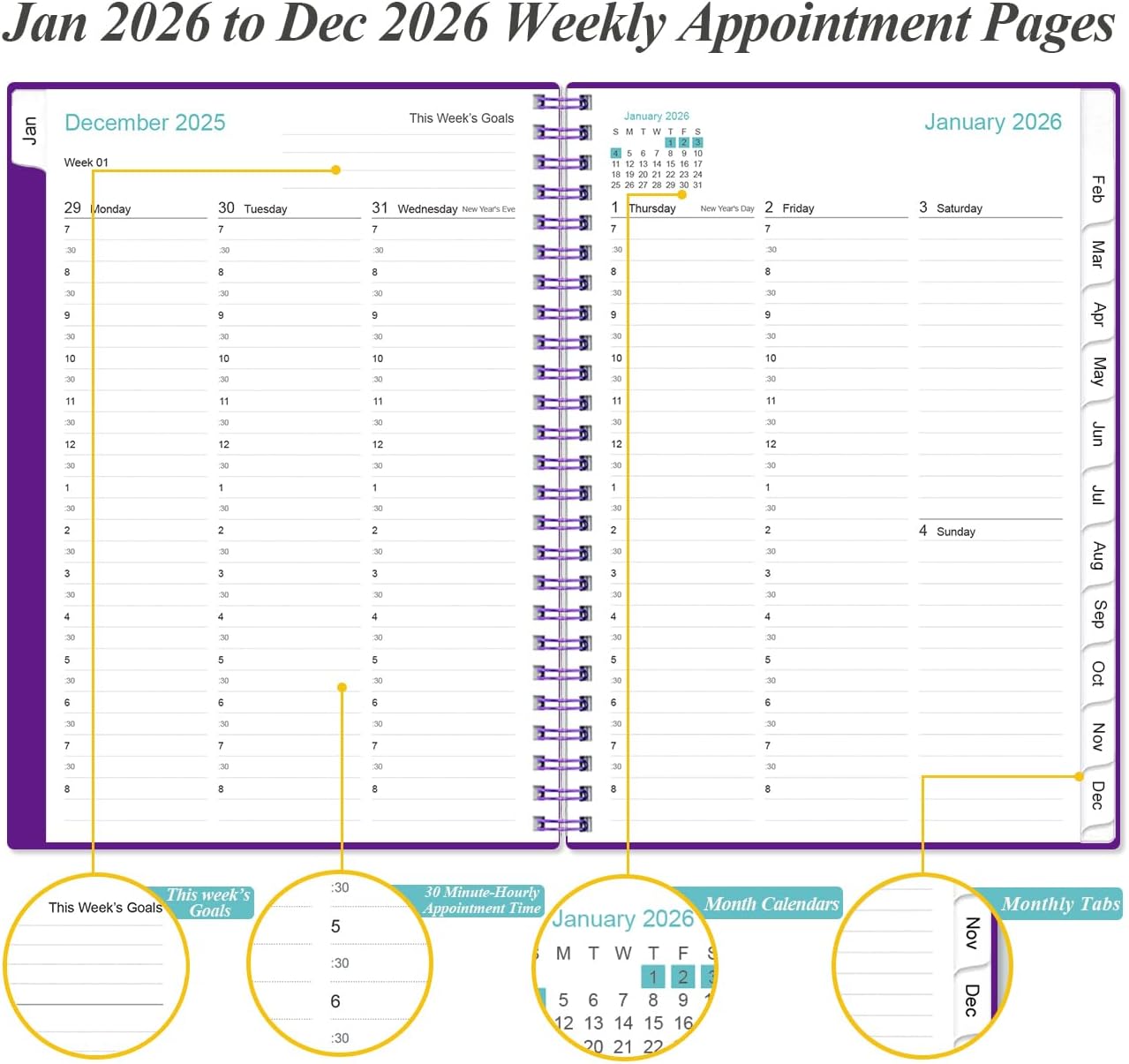 2026 Appointment Book & Planner - 2026 Daily Hourly Planner from January 2026 - December 2026, Weekly Appointment Book with 30-Minute Interval, Medium 6.4" x 8.5", Purple-B