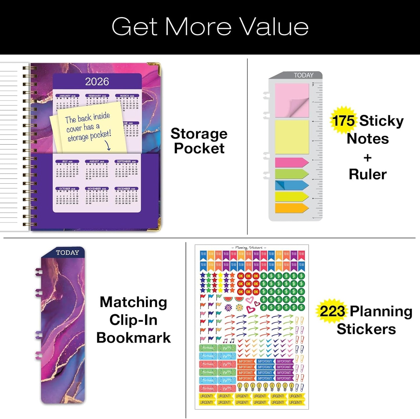 HARDCOVER Academic Year 2025-2026 Planner: (June 2025 Through July 2026) 8.5"x11" Daily Weekly Monthly Planner Yearly Agenda. Bookmark, Pocket Folder and Sticky Note Set (Pink Purple Marble)