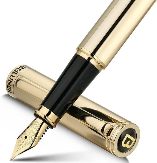 BEILUNER Gold Fountain Pen,Stunning Luxury Pens with 24K Gold Finish, Gorgeous 24K Gilded Nib(Medium), Ink Converter,Fancy Pen Gift for Men&Women-Elegant, Office, Professional, Reliable, Nice Design