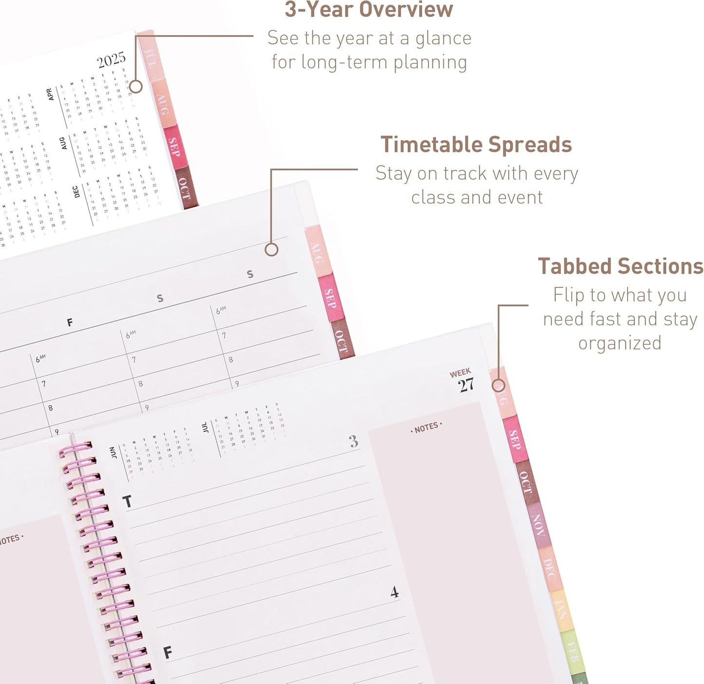 Rileys Academic Planner 2025-2026, Daily, Weekly & Monthly Planner, July 2025 - June 2026, Student Notes Pages, Twin-Wire Binding, Weekly Agenda for School & Work (8.5 x 11-Inches, Pink, Diagonal)