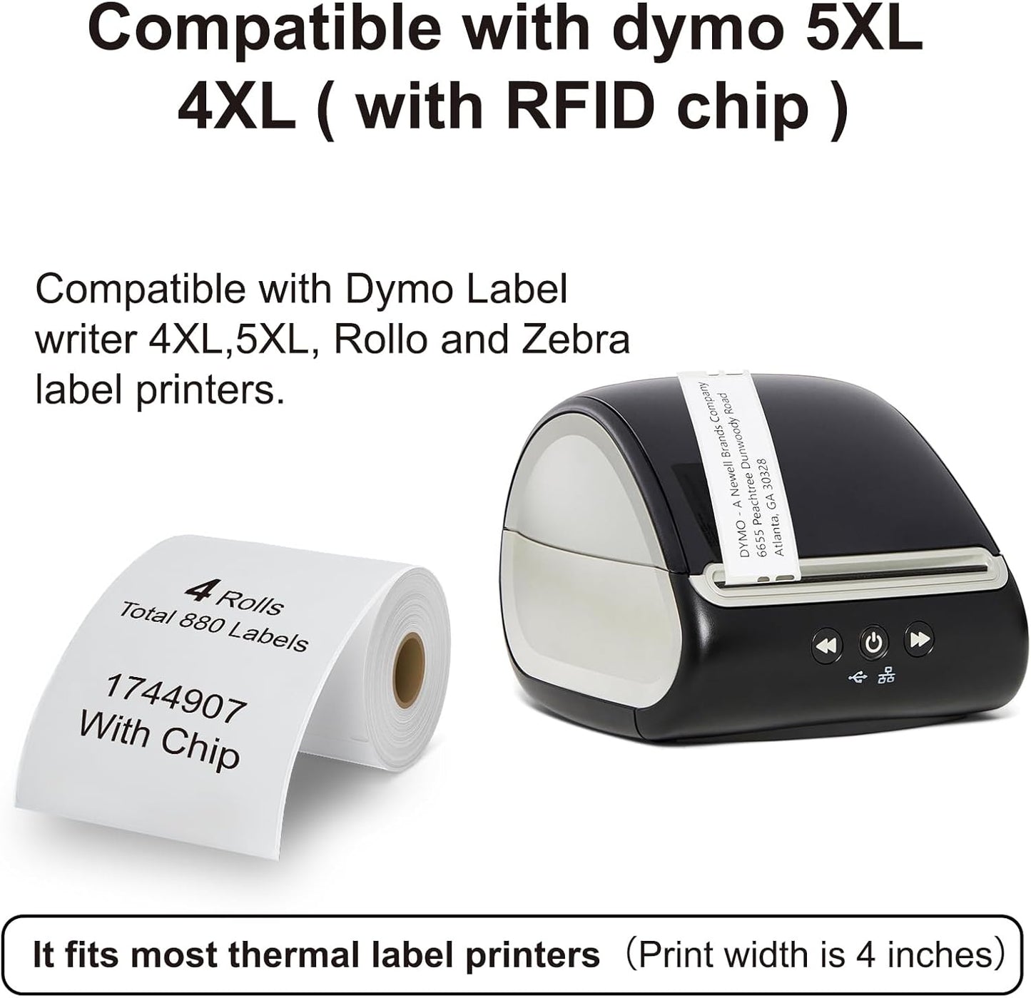 Hehua 4-Roll 1744907 with RFID Chip 4 x 6 Direct Thermal Printer Shipping Labels Compatible with DYMO LabelWriter 5XL 4XL LW Extra-Large Internet Postage Labels, 4" x 6", Total 880