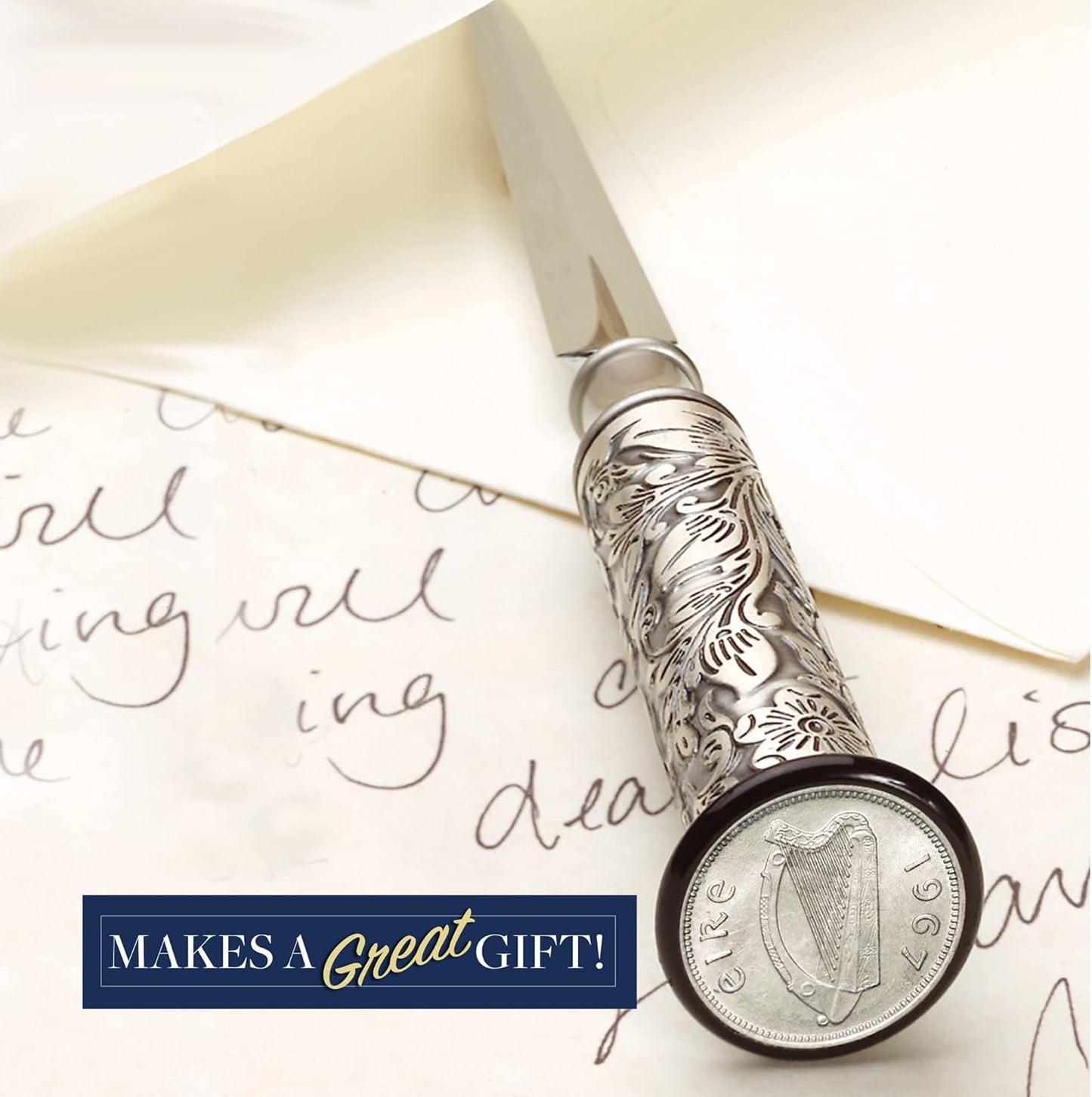 American Coin Treasures Coin Letter Opener Irish Threepence- Antiqued Silvertone Brass Handle-Genuine Harp Coin Ireland