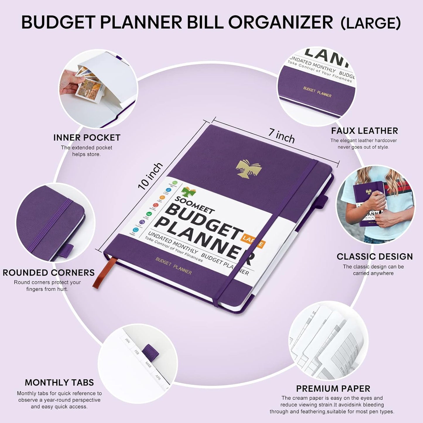 Budget Planner with Monthly Tabs - 7" x 10" Hardcover Budget Book, Monthly Bill Organizer with Pockets, Undated Finance Planner with Expense Tracker Notebook to Take Control Your Money-Purple