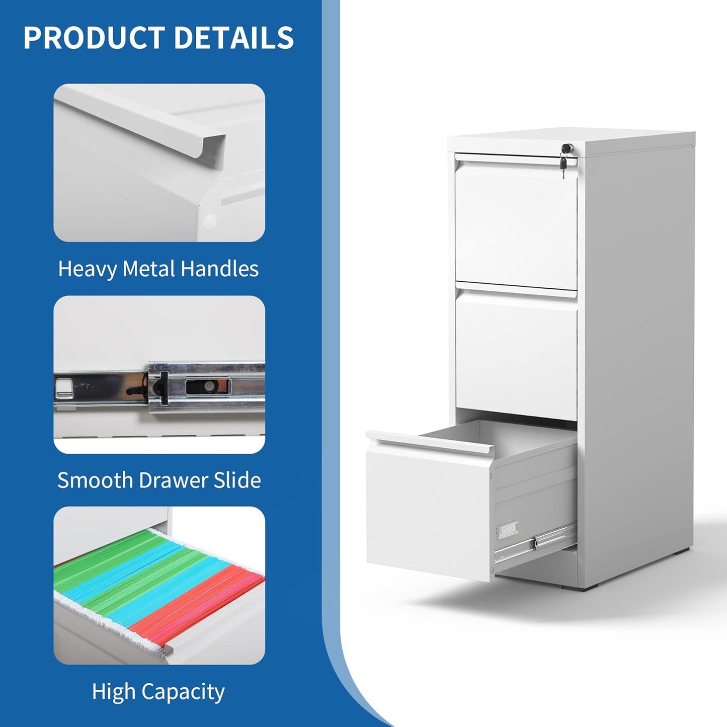 3 Drawer File Cabinet with Lock, Vertical Filing Cabinets for Home Office, Locking File Cabinet Hanging Files for A4/ Legal/Letter, Require Assembly, White