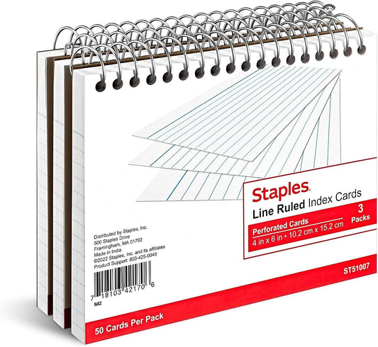 STAPLES TRU RED 4" x 6" Index Cards, Lined, White, 50 Cards/Pack, 3 Packs (TR51007)