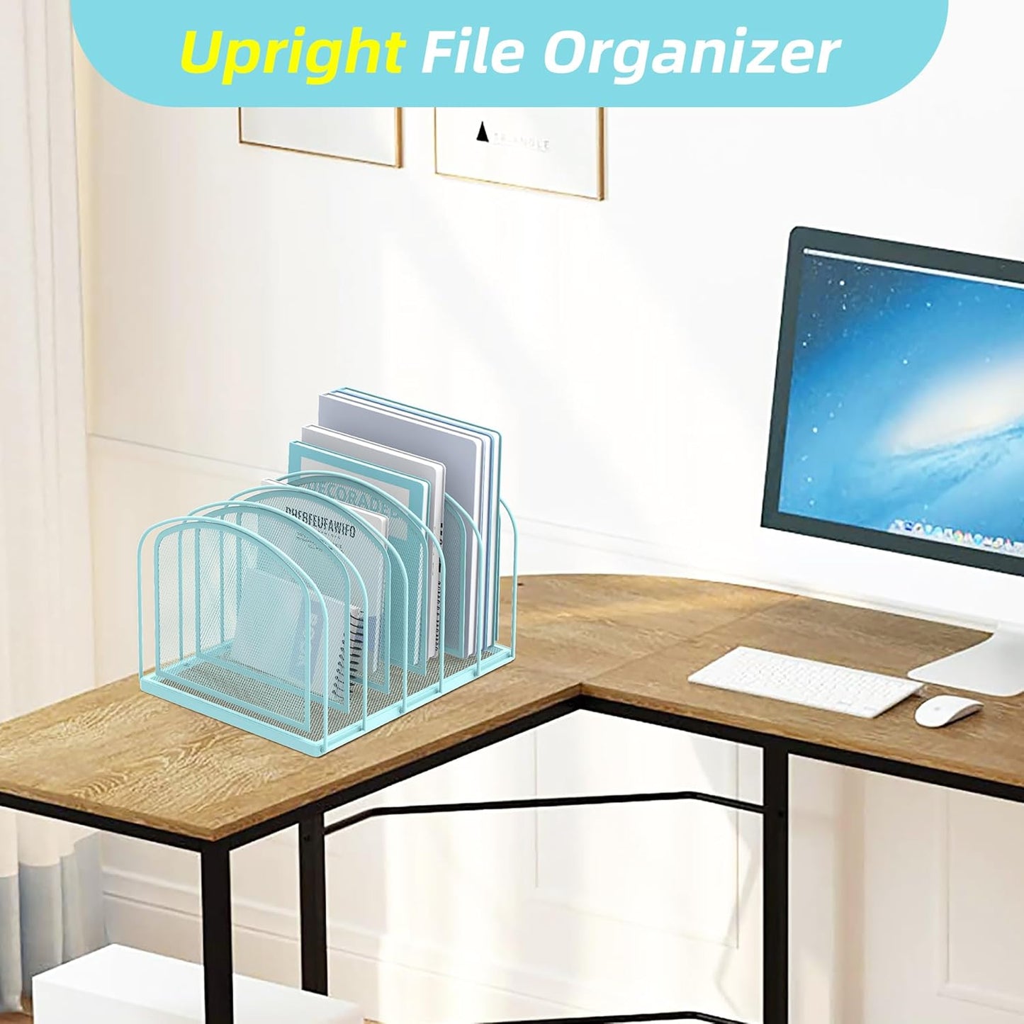 SUPEASY File Organizer 5-Section Mesh Desk Organizer, Upright File Organizer Desktop Organizer File Sorter, File Folder Holder for Office Supplies, Blue