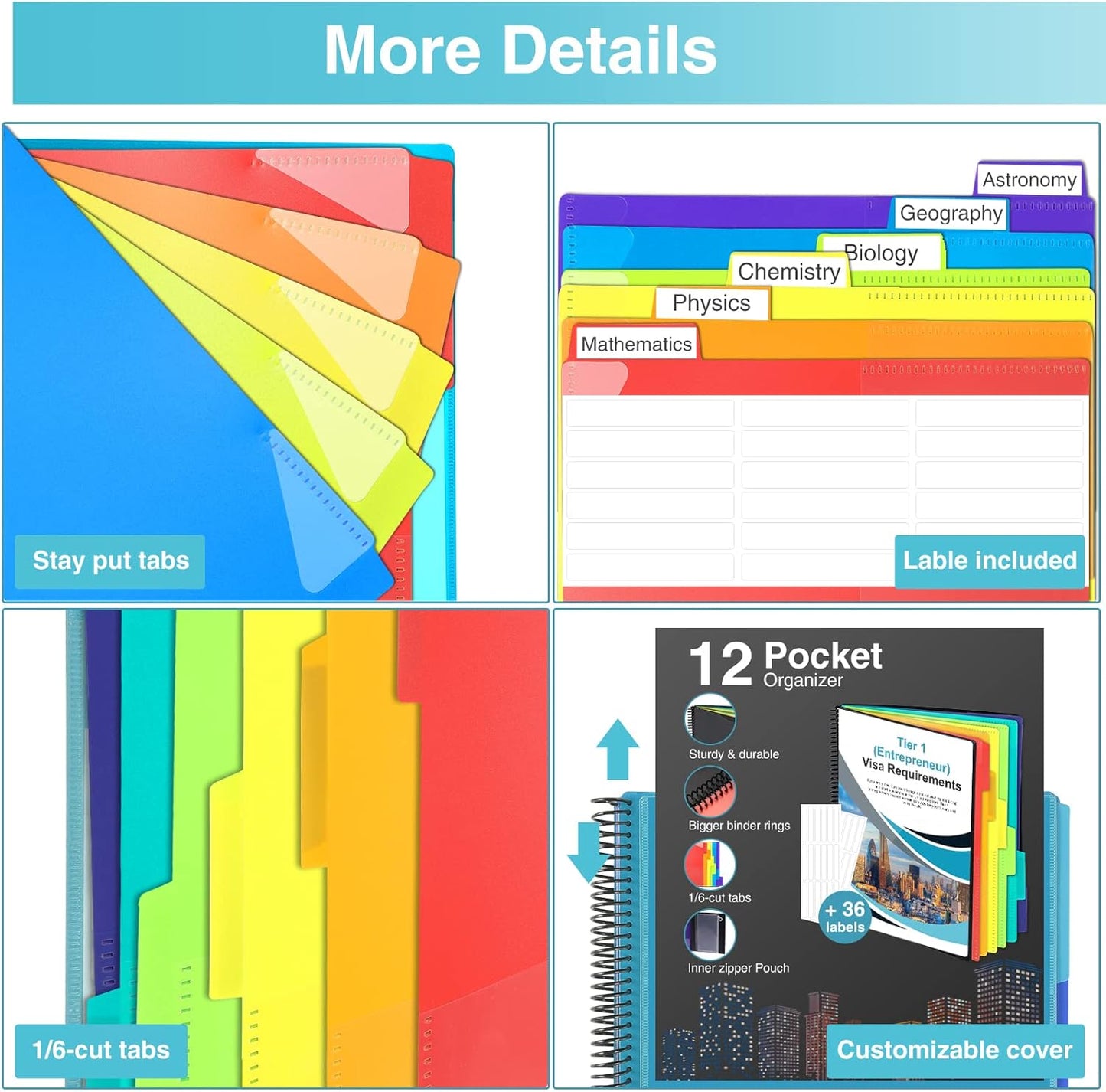 12 Pocket Project Organizer, Forvencer 1/6-cut Tab Binder Organizer with Sticky Labels, Multi Pocket Folder with Zipper Pouch, Folder Binder Spiral Pocket Notebook, Office Supplies, Letter Size, Blue