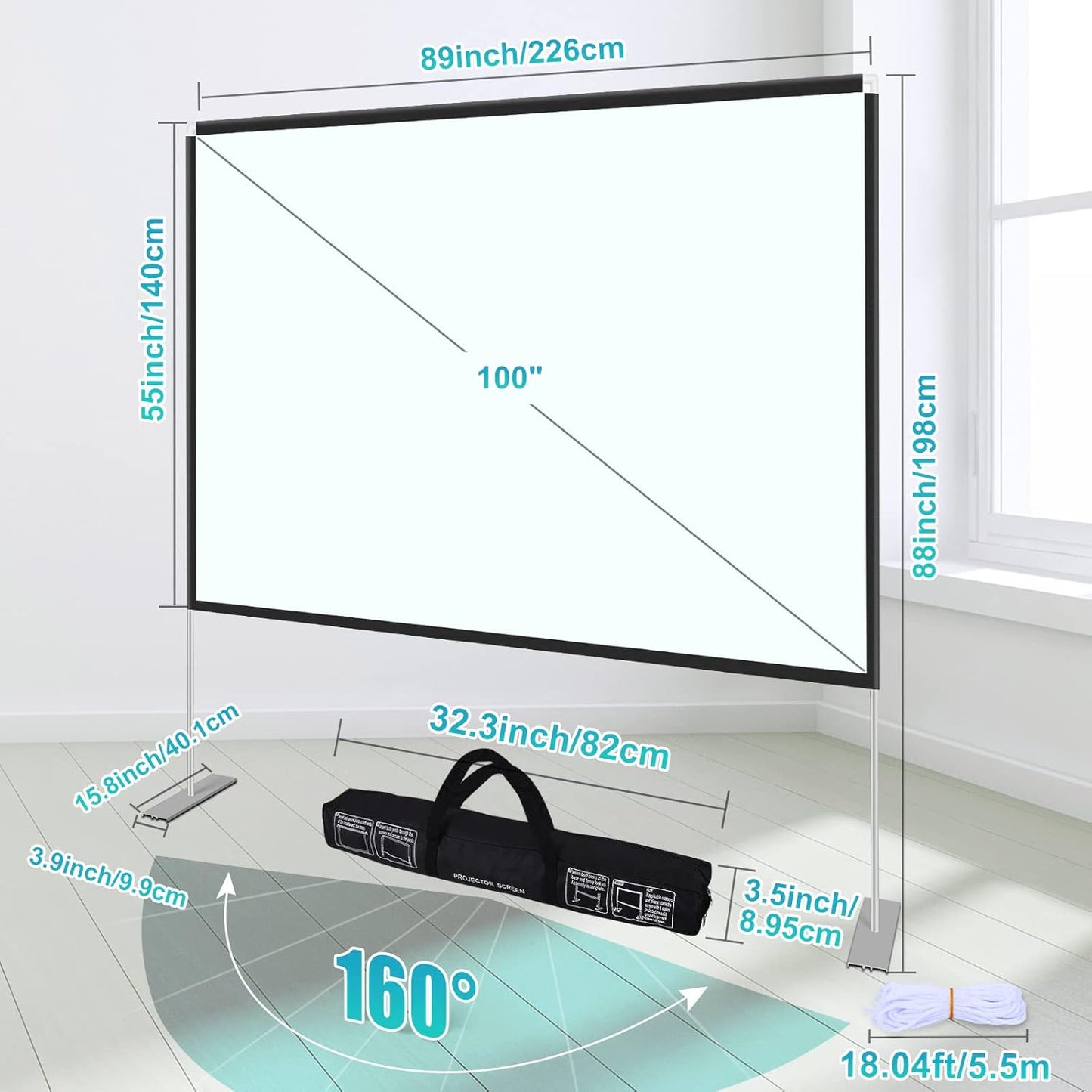 100 inch Projector Screen and Stand,Portable Projector Screen 4K HD Rear Front Projection Screen with Carry Bag for Outdoor Indoor Home Theater Backyard Cinema Travel