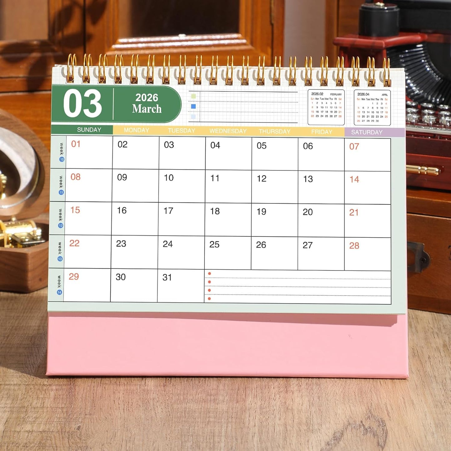Small Desk Calendar 2025, Standing Flip Desktop Calendar from July 2025 to Dec 2026 - Metal Ring Twin-Wire Binding Monthly Desktop Calendar for Home Office School (Pink)