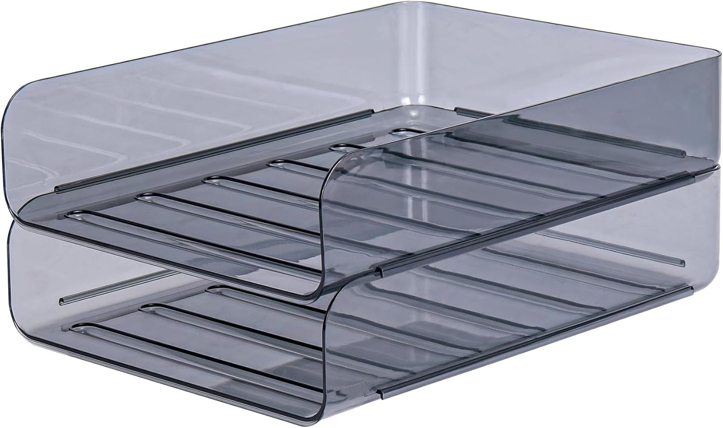 2 Pack Stackable Paper Tray Organizer, Clear File Organizer for Desk, Office Organizer and Storage for Desk Accessories, Notes, Books, File Paper, Document, Black
