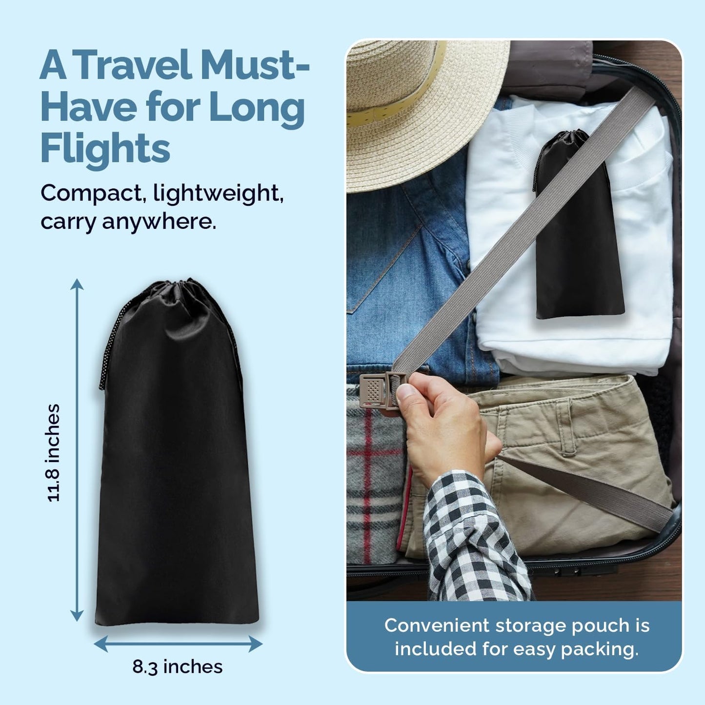 1 Pack No-Collapse Airplane Foot Hammock–Adjustable Foot Hammock for Plane Travel with Thick Bamboo Base, Lightweight Travel Footrest for Office, Flights(Black)