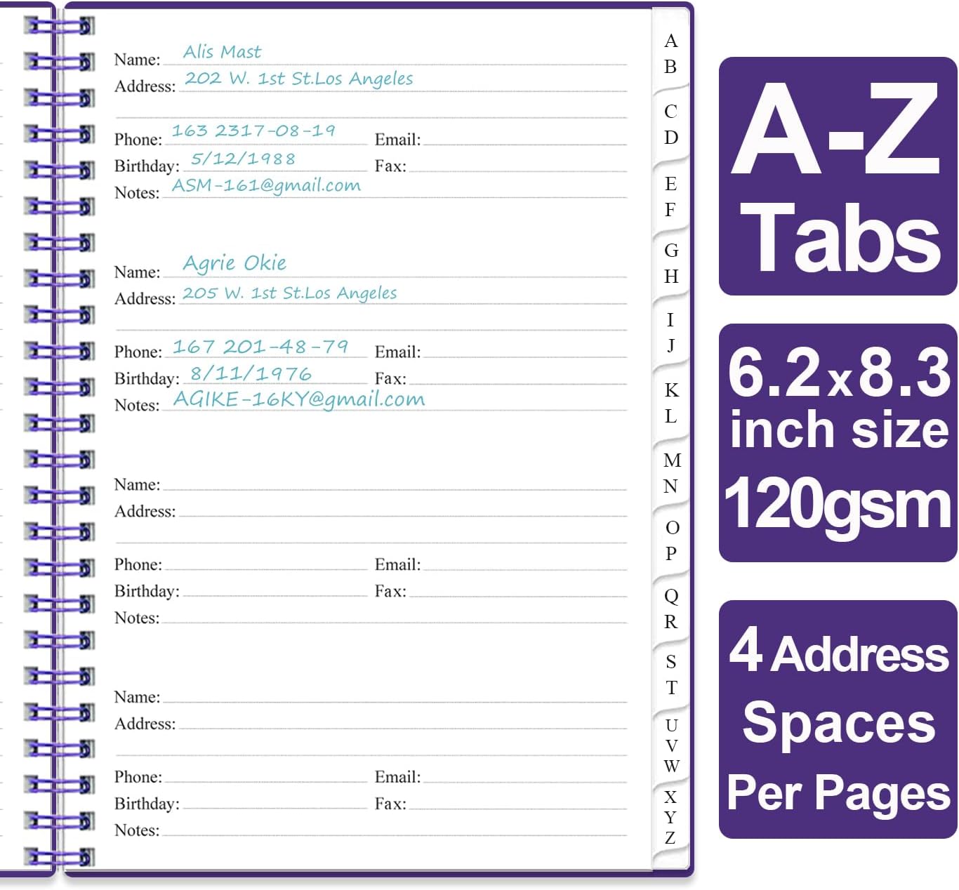 Address Book with Alphabetical Tabs - A5 Telephone & Address Book with Address Contacts, Special Date, Phone, Birthday & Internet Login Password for Home and Office, 6.2" x 8.5", Purple