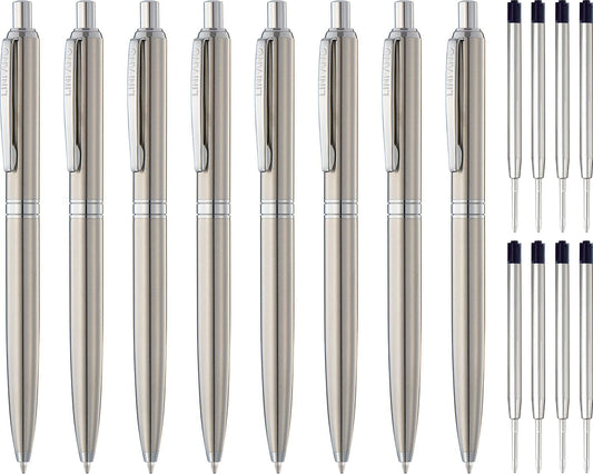 LINFANC 8 Pack Ballpoint Pens, Premium Retractable Metal Ballpoint Pen, Medium Point 1.0mm Black Ink Pen for Home School Work Office Supplies, Stainless Steel Trim, Extra 8 Refills