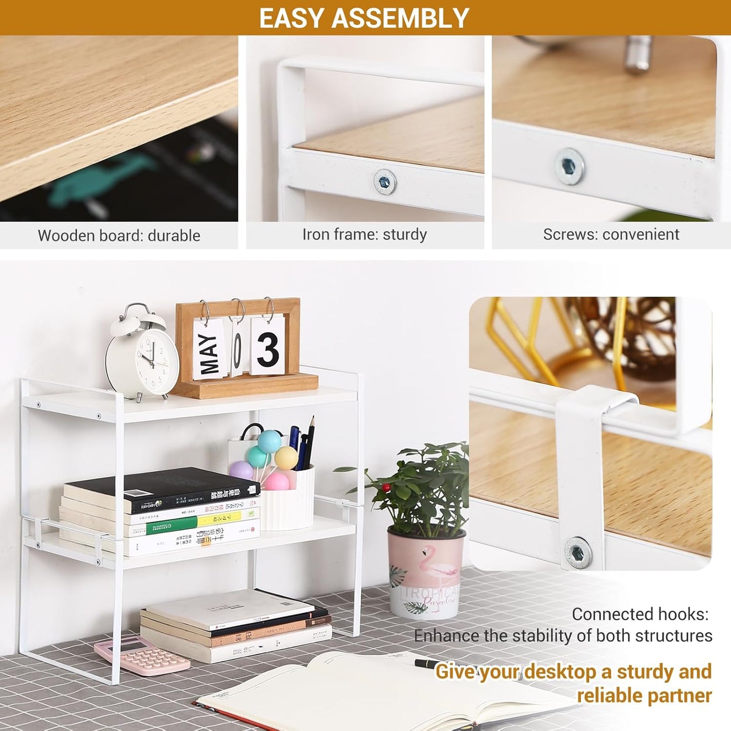 YGYQZ Wood Office Desk Shelf Organizer - Desktop Supplies Cute Dresser Top Organization Storage Rack and Cubicle Decor Aesthetic Bookshelf for Women Man and Kids (White White-Two Tier)