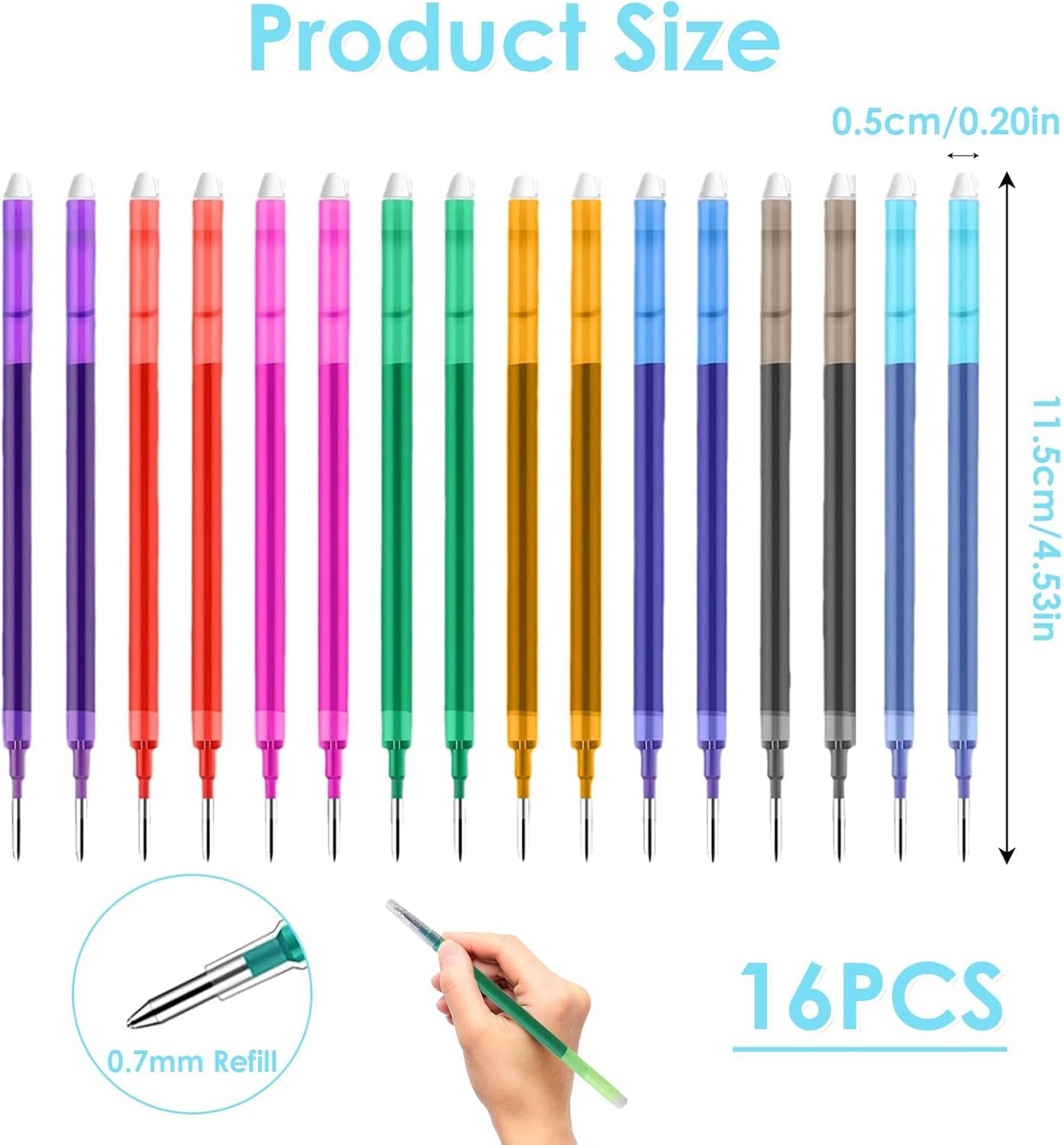 0.7 mm Erasable Gel Ink Pen Refills Compatible with Frixion Friction, Smooth Writing Multicolor Retractable Fine Point Pen Refill for School Office Home Art (8 Colors, 16)