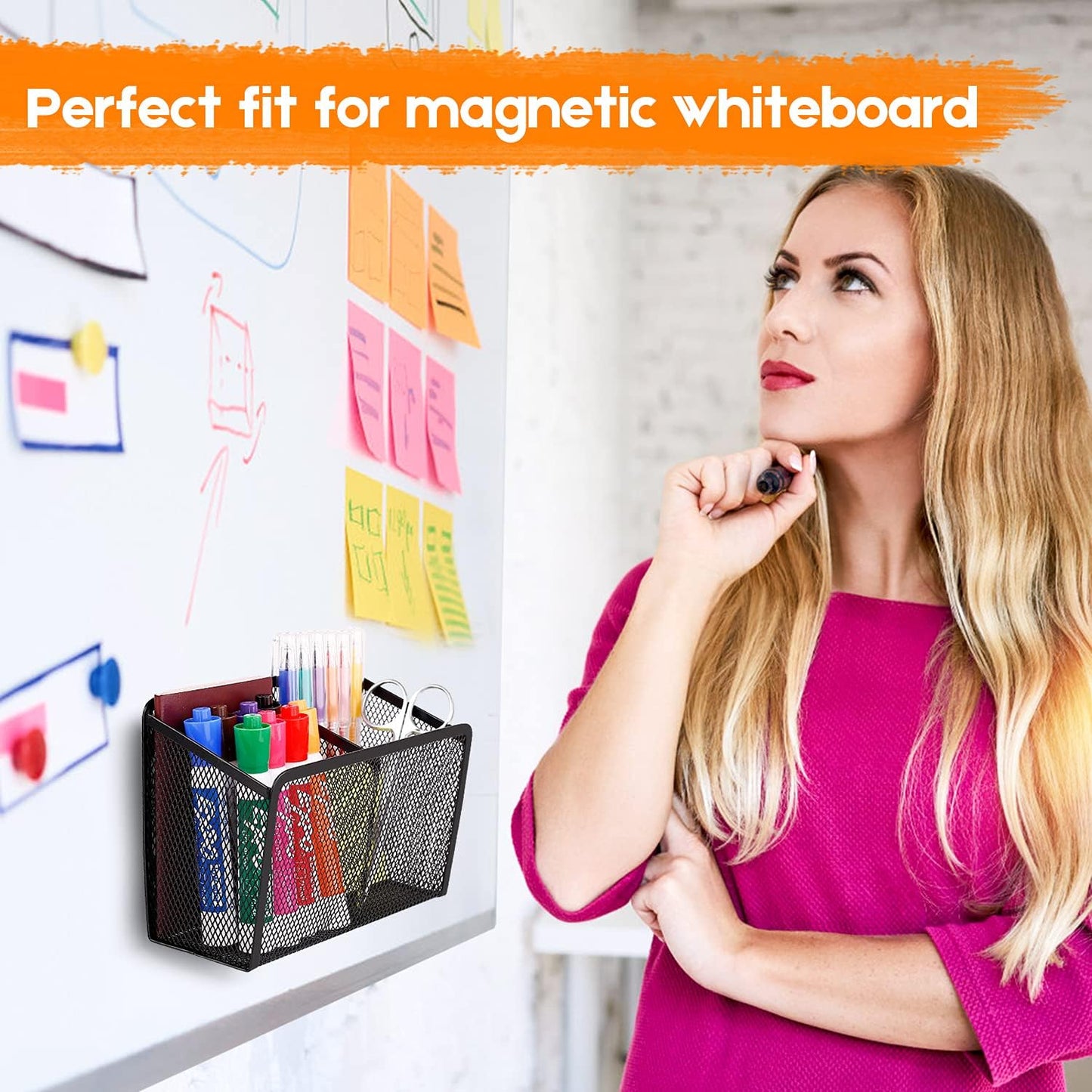 Magnetic Pencil Holder - Extra Strong Magnets Mesh Marker Holder Perfect for Whiteboard, Refrigerator and Locker Accessories (2 Baskets, 1 Pack Black)